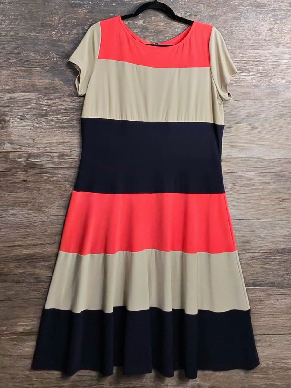 Danny & Nicole Coral, Black & Taupe Striped Midi Dress
